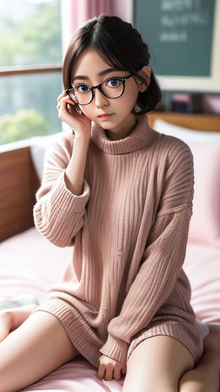 （8K、Hyper HD）On pink sheets、transparent bottom、Spread your legs、short hair, Black Hair, Curly Hair、View your viewers,high school girl,Leaning forward,(Random cute clothes),(Random Animation Pose),(Thin type),(Random hairstyle),(Best image quality, (8K), Ultra-realistic, 最high quality, high quality, High resolution, high qualityの質感, Attention to detail, Beautiful details, Fine details, Highly detailed CG, Detailed Texture, Realistic facial expressions, masterpiece, in front),(Wear glasses:1.1)、(Big eyes:1.4)