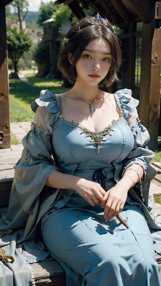 ((best quality)),Caucasian girl sitting in the castle,Open your mouth,Hand holding a scepter,have,Large Breasts,The background is grassland,Fat Girl,Fat Face,White,White的,White厚底鞋,short hair,((masterpiece)),((1 girl)), Lots of details,((Jewelry)),Medieval noble summer dress, (Nikolai Fehin),(Fechinbu, They are like this, )