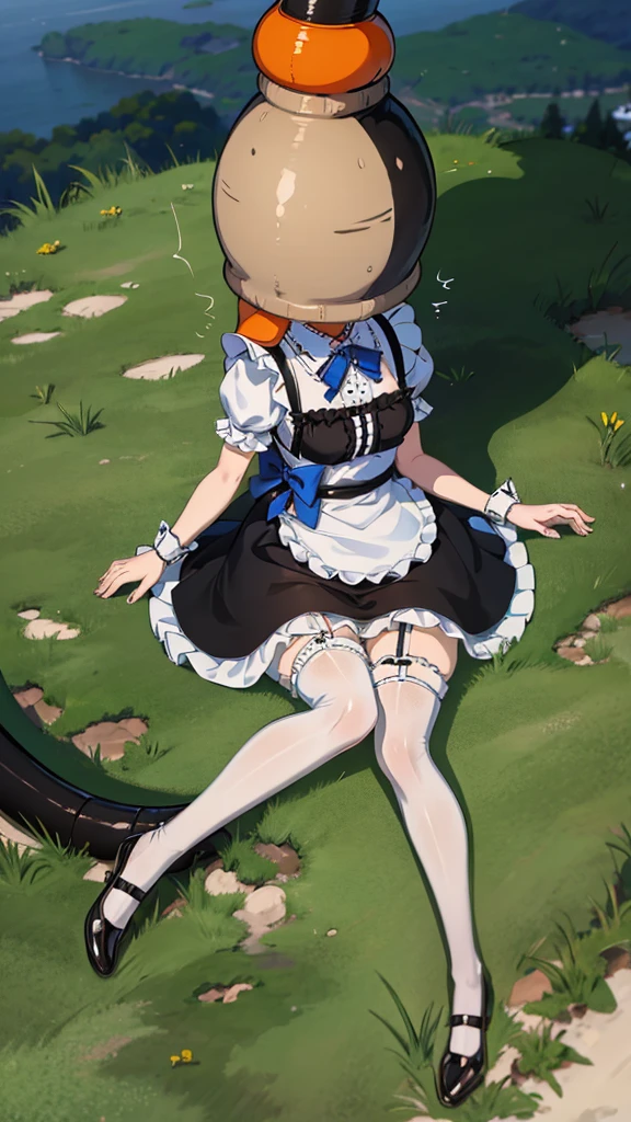 1girl, cute, innocent, sweet, shy, maid, maid outfit with frills, absurdres, high res, ultrasharp, 8K, masterpiece, (cell vore), (tail vore:1.3), struggling