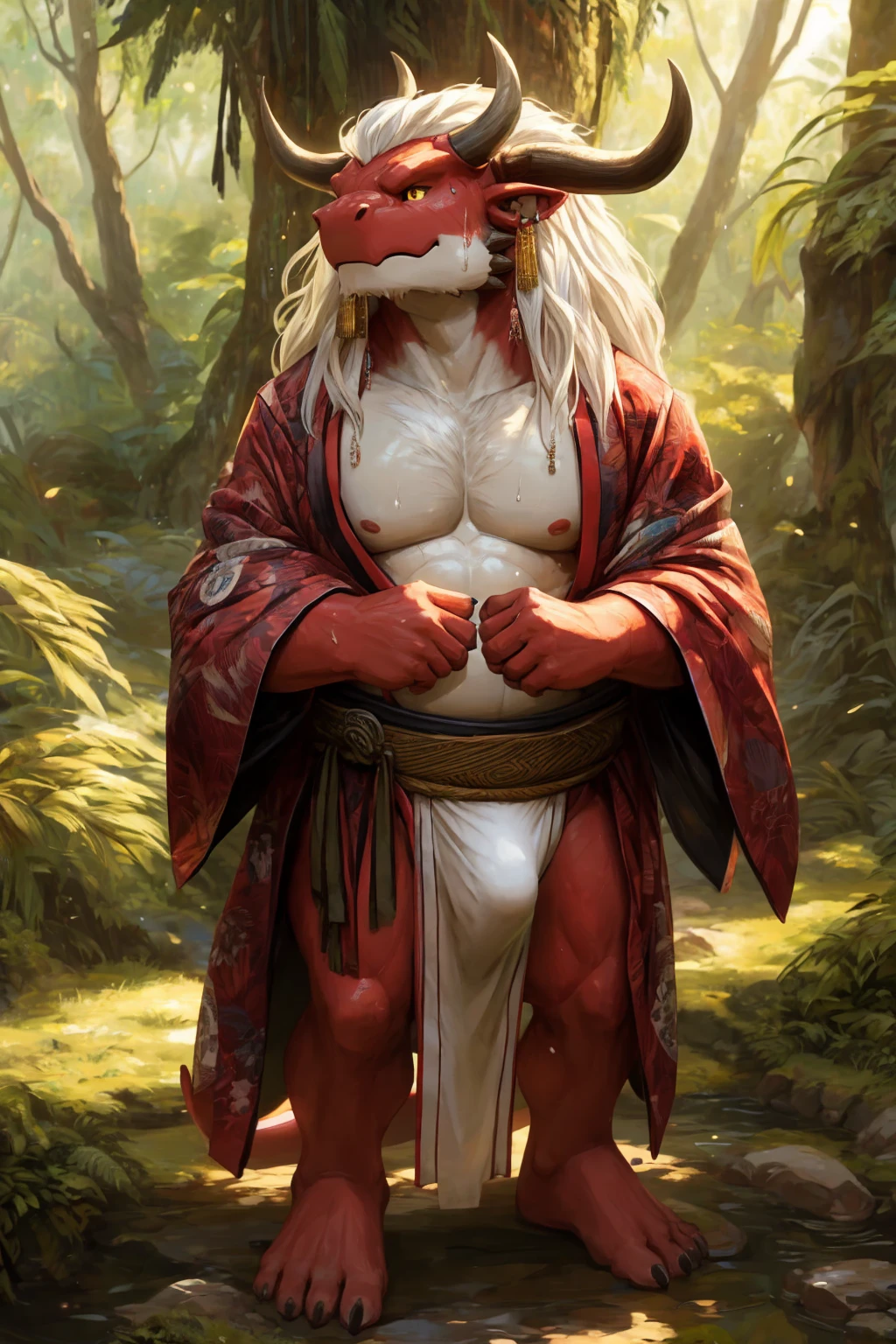ultra-detailed, masterpiece, masterwork, high quality, best quality, hdr, (nature, japanese style), nsfw, male, solo, chibi, dragon, ((bare kimono, bulge loincloth, white loincloth)), (little red body minotaur), (white chubby body), (long golden hair, yellow eyes, cool eyes), standing, cross your arms, dynamic angle, earrings, sweat