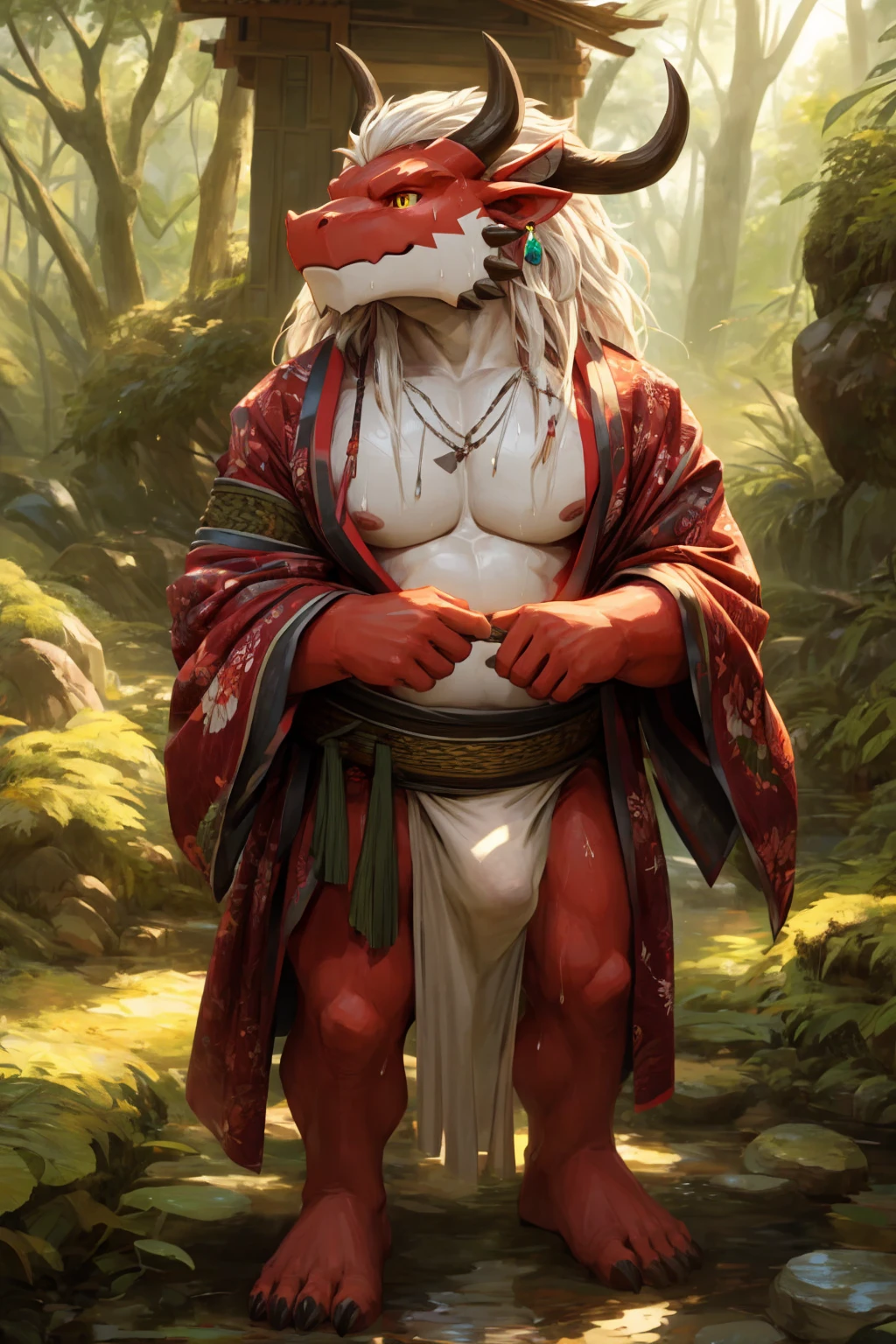 ultra-detailed, masterpiece, masterwork, high quality, best quality, hdr, (nature, japanese style), nsfw, male, solo, chibi, dragon, ((bare kimono, bulge loincloth, white loincloth)), (little red body minotaur), (white chubby body), (long golden hair, yellow eyes, cool eyes), standing, cross your arms, dynamic angle, earrings, sweat