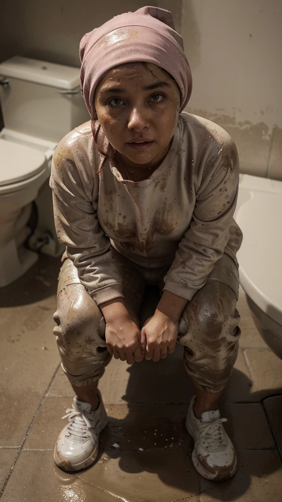 Ultra-realistic, 4k, 1girl, hot cute face, pretty face, cute eyes, fat body, wearing pink hijab, pink adidas sweatpants, tight long sleeve sports white tshirt, white sneakers, nervous facial expressions, very sweaty, both hands on ass, in dirty dark public toilet, near the toilet, dirty toilet walls, dirty toilet floor, dirty toilet, dirty clothes, sweaty clothes, (((make the whole image filthy and dirty))), (((mud on the floor and mud overflowing from toilet bowl))), stinky atmosphere, filthy atmosphere, mud everywhere, mud on face, mud on pants, disgusting toilet,