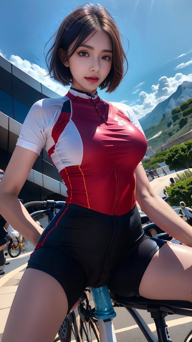 (8K、ultra high resolution、highest quality、masterpiece、realistic、ultra high resolution:1.2)、High-definition RAW color photo、professional photos、 (whole body:0.8)、(realistic、photo realistic、motion blur:1.2)、(Must have big breasts、pretty big breasts、Always hide all breasts、toned body:1.2)、((Always colorful and very shiny mountain bike racing uniform、A female cyclist who always straddles a Dildo dynamically、(straddle the dildo、insert white dildo in pussy、A large amount of love juice from the crotch):1.3))(Bright colors、vivid lighting、scenic downtown:1.2)(draw diagonally from below、natural skin texture、fine skin、hyper realism、intricate details、Depth of the bounds written、adult woman、(masterpiece、highest quality、high detail))、Definitely ahegao、eyes are out of focus、Big eyes、Clear double eyelids、perfect face、small face、Helmet(look at the viewer、eye highlights、lip glosust have short black bob) Ahegao