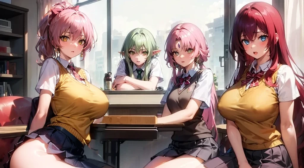 1girl,mature female,pale skin,huge breasts:1.49,mikajougasaki, mika jougasaki, hair bow, long hair, ((pink hair:1.5)), (yellow eyes:1.5), ponytail,
BREAK (otonokizaka , pleated skirt, , short sleeves, skirt, summer uniform, sweater vest, yellow sweater vest,:1.2)
BREAK  sitting in an office chair, on a desk,
BREAK (masterpiece:1.2), best quality, high resolution, unity 8k wallpaper, (illustration:0.8), (beautiful detailed eyes:1.6), extremely detailed face, perfect lighting, extremely detailed CG, (perfect hands, perfect anatomy),