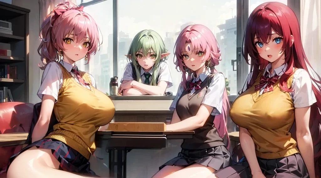 1girl,mature female,pale skin,huge breasts:1.49,mikajougasaki, mika jougasaki, hair bow, long hair, ((pink hair:1.5)), (yellow eyes:1.5), ponytail,
BREAK (otonokizaka , pleated skirt, , short sleeves, skirt, summer uniform, sweater vest, yellow sweater vest,:1.2)
BREAK  sitting in an office chair, on a desk,
BREAK (masterpiece:1.2), best quality, high resolution, unity 8k wallpaper, (illustration:0.8), (beautiful detailed eyes:1.6), extremely detailed face, perfect lighting, extremely detailed CG, (perfect hands, perfect anatomy),