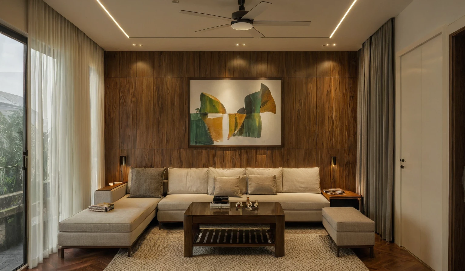 Raw photo,Masterpiece, high quality, best quality, authentic, super detail, interior, indoors, style Indochine modern, minimalist line, aiaigroup , wooden, walnut veneer wood, led light, white paint wall, sofa, BED RooM, day light,