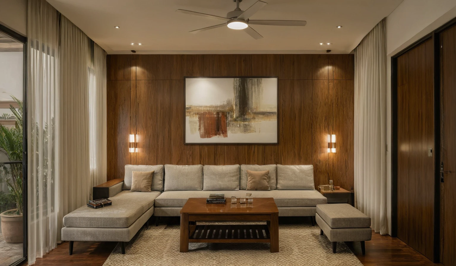 Raw photo,Masterpiece, high quality, best quality, authentic, super detail, interior, indoors,  style Indochine modern, minimalist line, aiaigroup , wooden, walnut veneer wood, led light, white paint wall, sofa, BED RooM, day light, 