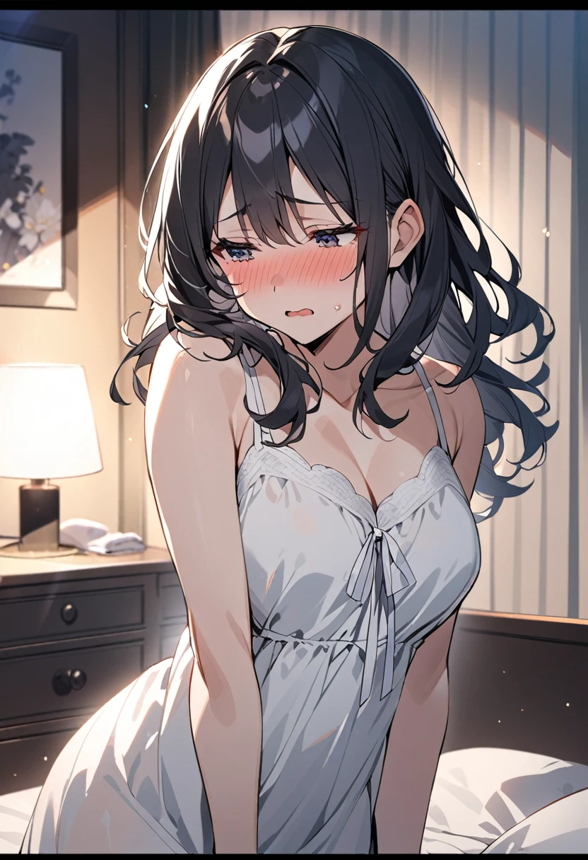 A mature woman with long black hair with white highlights, Wearing just a white nightgown in a ((bedroom at night)), blushing,shy, medium breasts