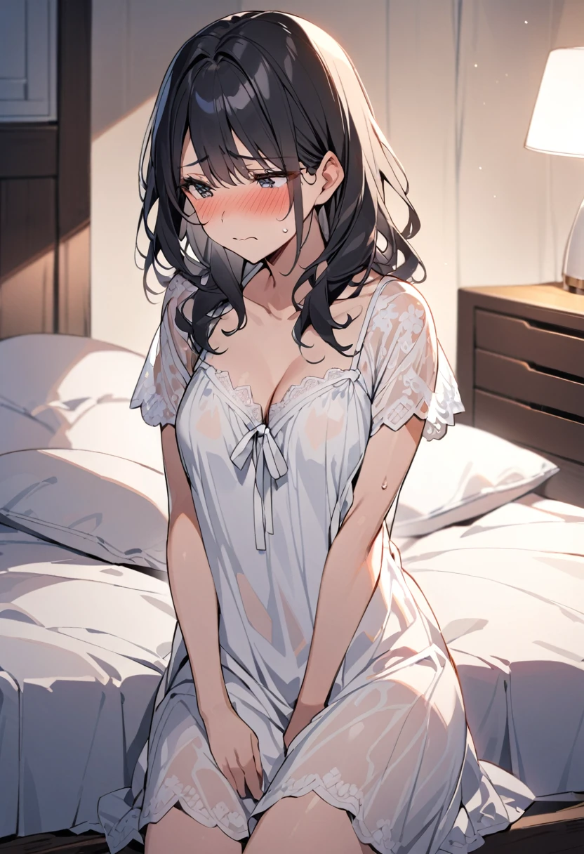 A mature woman with long black hair with white highlights, Wearing just a white nightgown in a ((bedroom at night)), blushing,shy, medium breasts