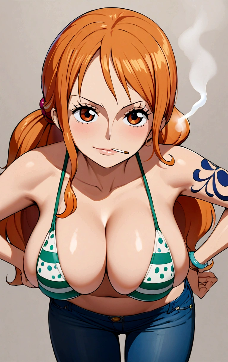 a cartoon picture of a woman in a bikini top and jeans, nami one piece, nami from one piece, nami, beautiful portrait of nami, from one piece, oppai, blue eyes, smoking, ponytail