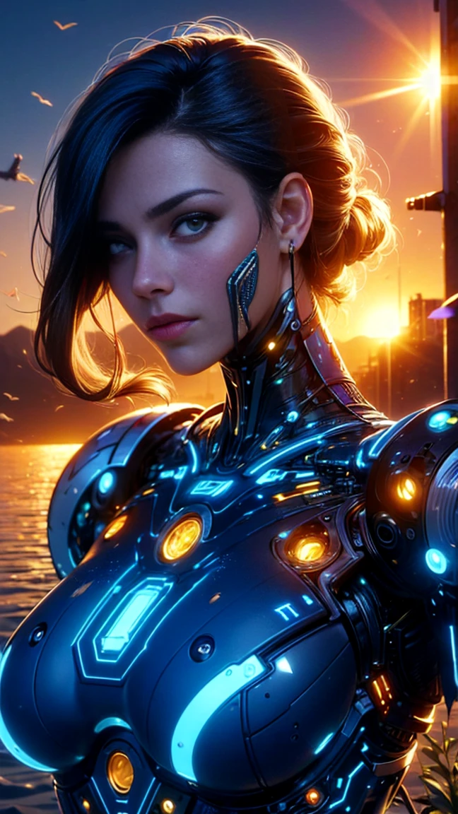 top quality, future world, State-of-the-art robot, Beautiful Woman, large sun is in the background, flying hair, Transformed into a cyborg except for the face, Transformed into a cyborg except for the shoulder, sexy images, whole body photo, ((sunrise time))