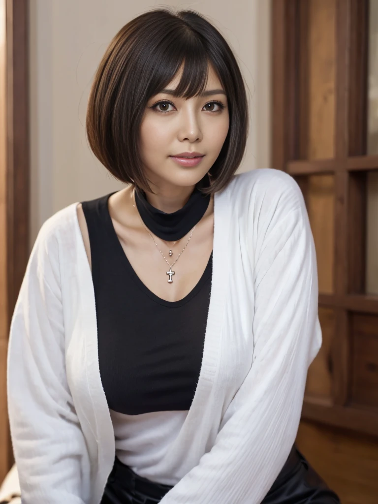 ((Highest quality)), A woman wearing a necklace around her neck poses for a photograph, with short hair, short hair cut, short hair, short haircut, Bobcut, Bobcut hair, Hime cut, Short Bob Hair, French Bob, Chrome Bob Haircut, Short black hair, short hair style, brown short hair, Short black hair, Short Straight Hair, Black shiny bob haircut