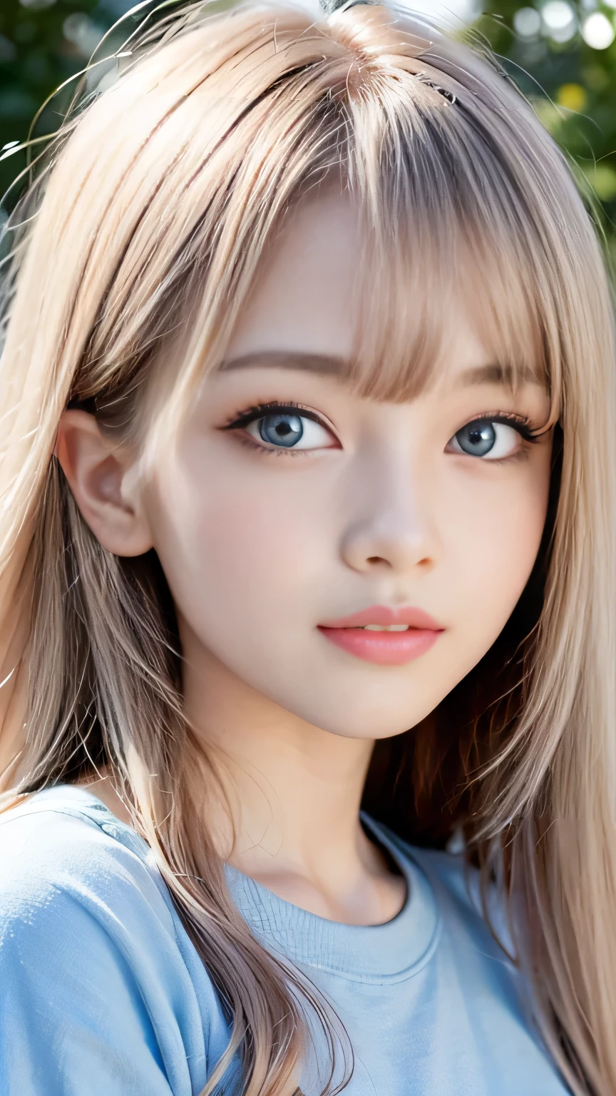 Sunburn marks on tanned skin、blush、smile、Multicolored hair color、Bangs on the face、Bangs between the eyes、Super long hair、Attractive light and dark platinum blonde super long straight silky liner hair、Beautiful bright transparent light blue big eyes that are charming and shining、A cute 15-year-old girl with a cute look, A strong wind blows my hair in front of my face、Beautiful big sparkling eyes, Cute eyes hidden by long bangs、Yawn、No visible nasolabial folds、A short, light-colored miniskirt、A cute and colorful summer shirt、Korean Beauty、Dark blush on the cheeks