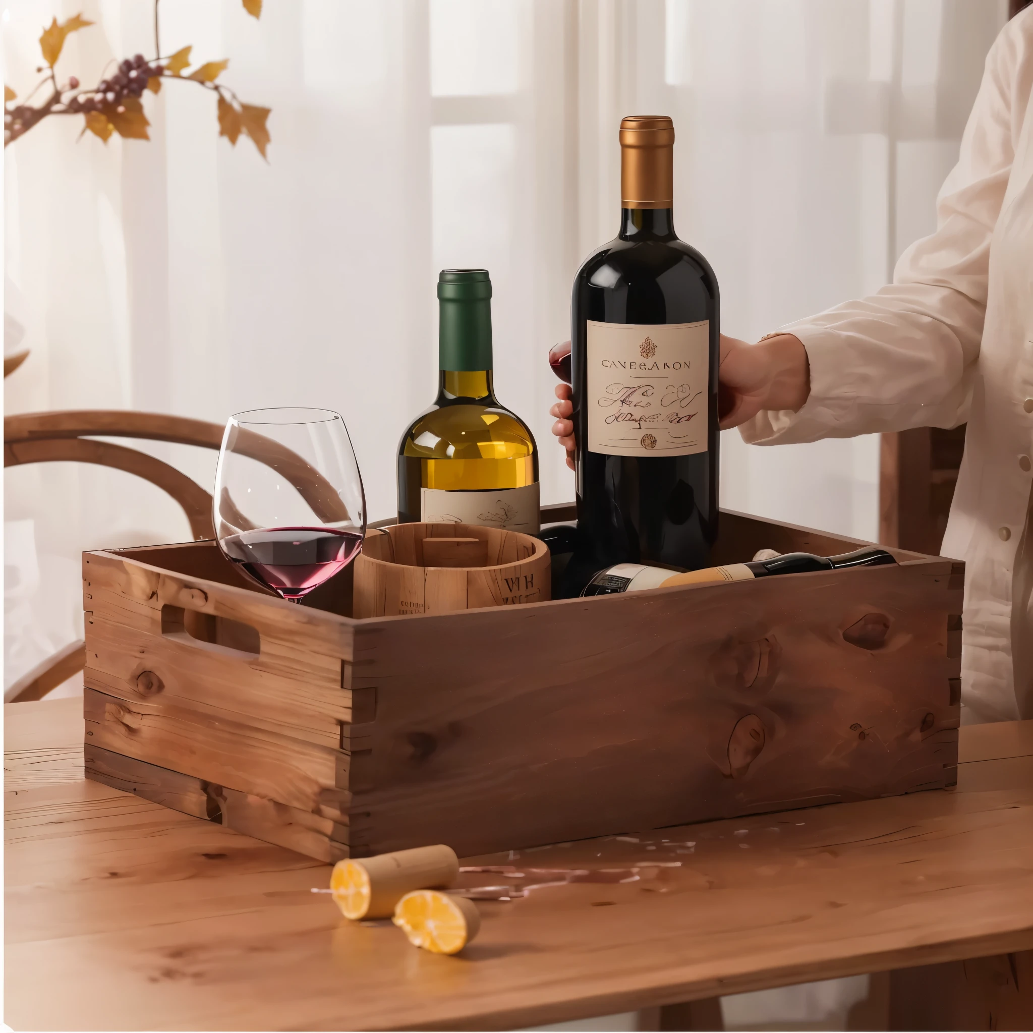 there is a woman holding a bottle of wine and a glass, on a wooden tray, wooden crates and barrels, holding wine bottle, wine, wooden crates, 4L, with a bottle of wine, Products, wine bottle, 8 l, 8L, on wooden table, with detailed wood, Product introduction photos, wooden casing, wood, Very detailed