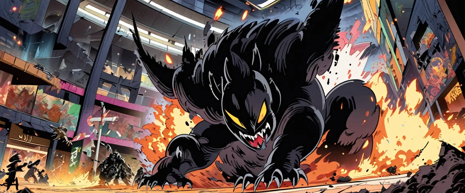 colorful flat illustration classical animes, closeup of black monster, powerful energy fire blast hitting the chest of the black monster, sending the black monster flying into wall action dynamic scene, blood,in an epic battle scene at night inside a destroyed modern shopping mall, draw art style influenced by japanese artists, niji, black outlines