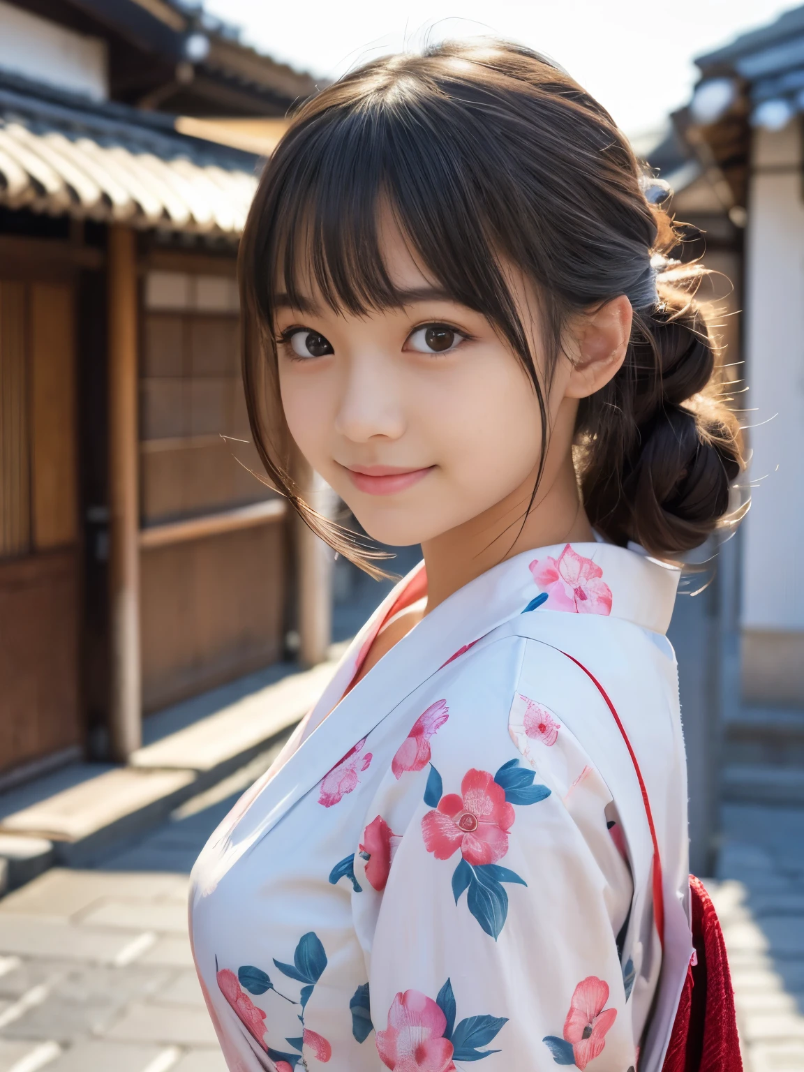 (Best-quality, Masterpiece, Ultra-High-Resolution, (Photorealistic:1.4), Raw Photo, depth of field, professional lighting, perfect anatomy, extremely details), 1girl, 15-years-old, the most famous Japanese idol, wearing Japanese-YUKATA with summer-design, walking down main street in Kyoto-City, (extremely cute face, ((extremely cute big-eyes)), extremely cute hair, extremely beautiful skins), extremely cute long-eyelashes, extremely cute lips, looking at viewer, innocent smile