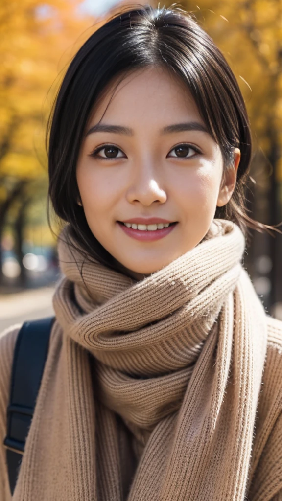 highres, realstick, {51-year-old woman}, Japanese, 163 cm, 57 kg, elegant, attractive, medium-length black hair, styled, intelligent eyes, kind smile, sophisticated, well-groomed, confident posture, dignified appearance, BREAK, autumn casual, cozy sweater, jeans, ankle boots, scarf, warm colors, stylish, comfortable, light jacket, walking in the park