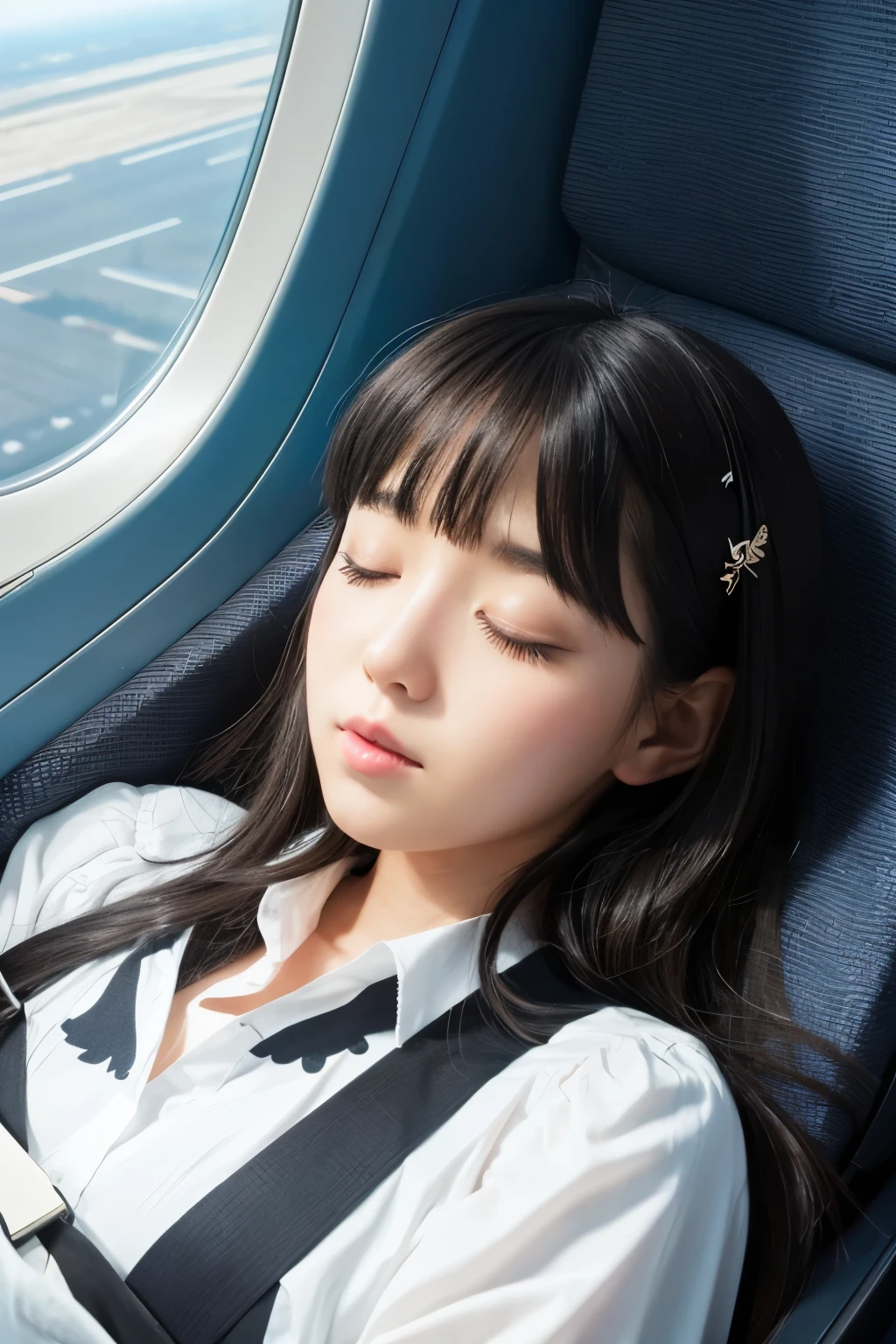 It feels so good in the airplane seat、Black cat girl sleeping with her mouth open。The illustrations are like Japanese anime.