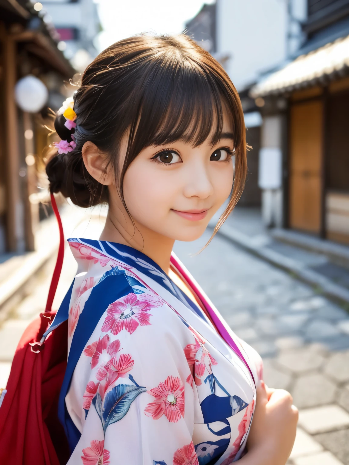 (Best-quality, Masterpiece, Ultra-High-Resolution, (Photorealistic:1.4), Raw Photo, depth of field, professional lighting, perfect anatomy, extremely details), 1girl, -yeld, thost famous Japanese idol, wearing Japanese-YUKATA with summer-design, walking down main street in Kyoto-City, (extremely cute face, ((extremely cute big-eyes)), extremely cute hair, extremely beautiful skins), extremely cute long-eyelashes, extremely cute lips, looking at viewer, innocent smile