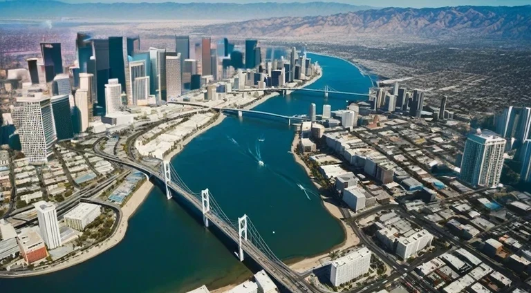 ((( in the background skyscrapers of the megacity: different styled (((buildings and houses))). The futuristic high tech Los Angeles city with many skyscrapers, bustling city with intricate details and photorealistic materials.Consistent structure of the buildings, static environment, volumetric lighting, best shadows. Photorealistic Reflections , Realism, Cinematic, Photoreal,natural lights, neutral colors, lomochrome, Panavision 70s movie styled in color, celluloid, uhd, hdr, 4k, 35mm film