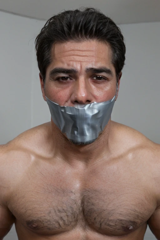 Old latino men,tape gag ,hairy chest, white men singlet, mouth tape, 