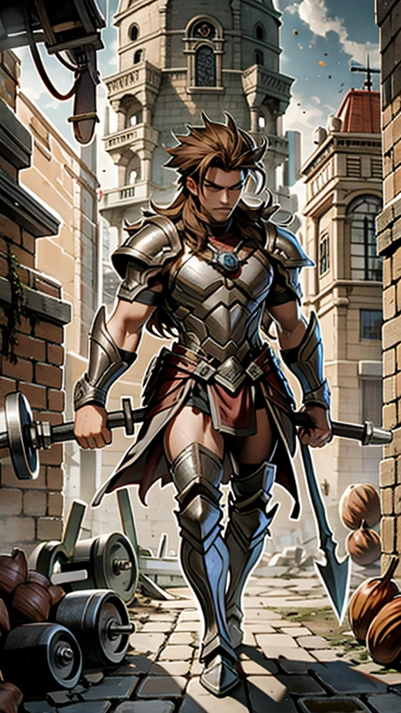 ((artwork), best quality, high qualiy, professional quality, highy detailed, high resolution, perfect lighting, natural lighting), (1 men, stark, bonitas, long hair, chestnut hair, fully body, cinema face), wearing gladiator armor, holding an ax in one right hand and a dumbbell in the left hand, Coliseum blurred in the background.