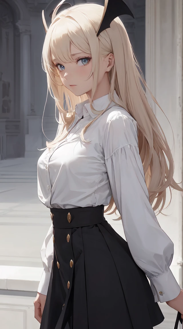 Extreme quality, rayonnant, Extremely detailed, Ultra-detailed face, Ultra HD 8K, Ultra digitalité, mythique, dark flashes, un autre monde, Une belle fille, UHD (ultra details) Regarder le spectateur en tenue de ville de style hip-hop, different, colourfull, long, Highly colored hair 🌈, ((Masterpiece, Best quality)), (1fille), (seulement), (Accent sur les femmes), (Ahoge, ash-blonde hair, cheveux longs), Yeux verts, ((chemise blanche), (button-up shirt)), ((Jupe noire), (Jupe courte)), debout, fond blanc, arm behind back, bat wings at the waist, cornes de mouton, Yeux tristes, expression faciale froide, regard froid, Sombre, long, tight clothe, pale skinned, Color Grading, Illustration sombre,