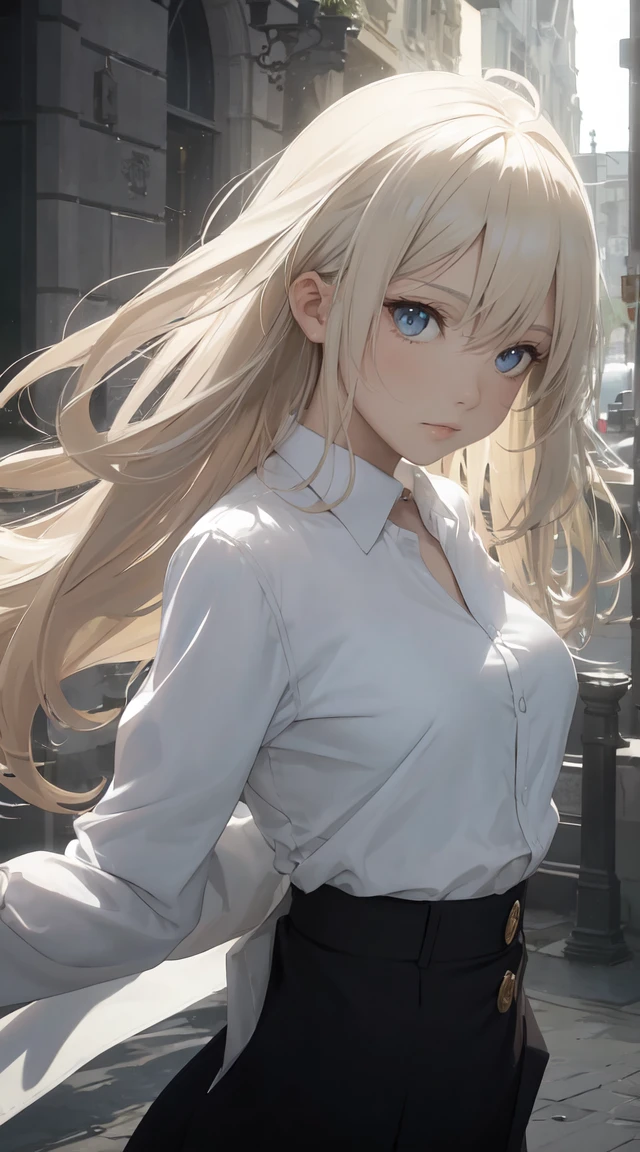 Extreme quality, rayonnant, Extremely detailed, Ultra-detailed face, Ultra HD 8K, Ultra digitalité, mythique, dark flashes, un autre monde, Une belle fille, UHD (ultra details) Regarder le spectateur en tenue de ville de style hip-hop, different, colourfull, long, Highly colored hair 🌈, ((Masterpiece, Best quality)), (1fille), (seulement), (Accent sur les femmes), (Ahoge, ash-blonde hair, cheveux longs), Yeux verts, ((chemise blanche), (button-up shirt)), ((Jupe noire), (Jupe courte)), debout, fond blanc, arm behind back, bat wings at the waist, cornes de mouton, Yeux tristes, expression faciale froide, regard froid, Sombre, long, tight clothe, pale skinned, Color Grading, Illustration sombre,