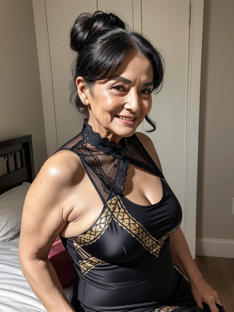 Mature old woman 80 years with black hair, plus size, old face and body with many wrinkles, loose skin, standing at bedroom posing for photo, She wearing black dress with gold pattern and large neckline and lace stockings, ponytail, side view. jaw dropping mature older beauty, old face and body with wrinkles, old face, full visible legs, smiling, attractive grandma, a gorgeous old hair, beautiful old grandma, lovely older mature grandma, gorgeous beautiful grandma over 80 years old, beautiful black hair grandma, beautiful detailed body and face, a beautiful old granny