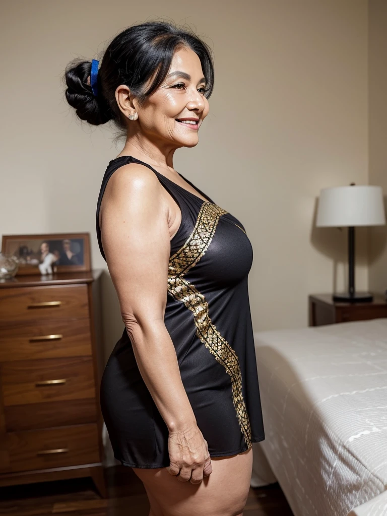 Mature old woman 80 years with black hair, plus size, old face and body with many wrinkles, loose skin, standing at bedroom posing for photo, She wearing black dress with gold pattern and large neckline and lace stockings, ponytail, side view. jaw dropping mature older beauty, old face and body with wrinkles, old face, full visible legs, smiling, attractive grandma, a gorgeous old hair, beautiful old grandma, lovely older mature grandma, gorgeous beautiful grandma over 80 years old, beautiful black hair grandma, beautiful detailed body and face, a beautiful old granny