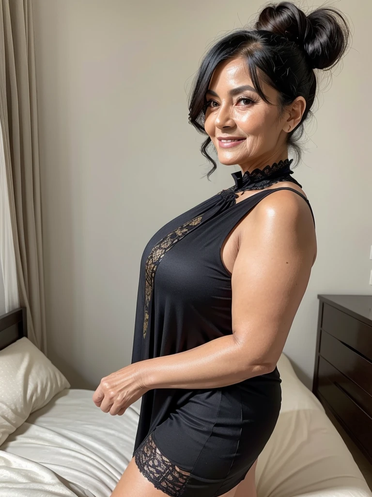 Mature old woman 80 years with black hair, plus size, old face and body with many wrinkles, loose skin, standing at bedroom posing for photo, She wearing black dress with gold pattern and large neckline and lace stockings, ponytail, side view. jaw dropping mature older beauty, old face and body with wrinkles, old face, full visible legs, smiling, attractive grandma, a gorgeous old hair, beautiful old grandma, lovely older mature grandma, gorgeous beautiful grandma over 80 years old, beautiful black hair grandma, beautiful detailed body and face, a beautiful old granny