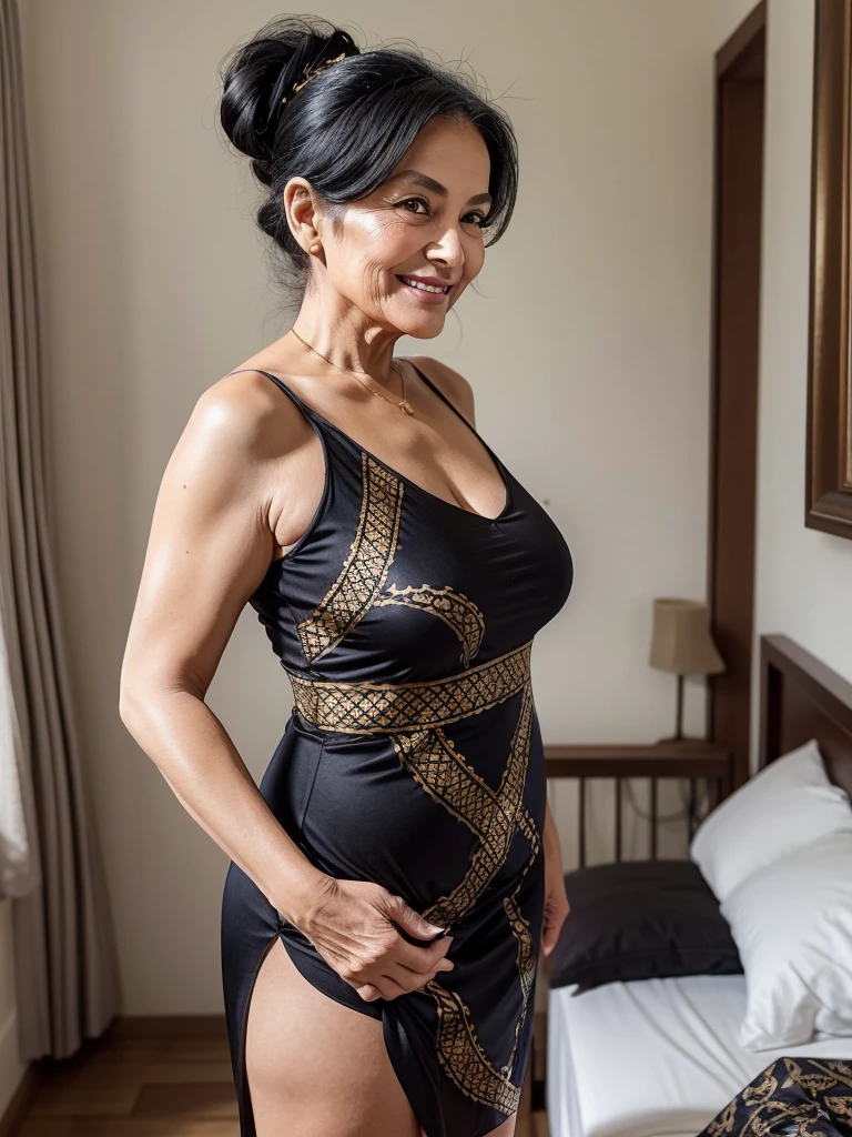 Mature old woman 80 years with black hair, plus size, old face and body with many wrinkles, loose skin, standing at bedroom posing for photo, She wearing black dress with gold pattern and large neckline and lace stockings, ponytail, side view. jaw dropping mature older beauty, old face and body with wrinkles, old face, full visible legs, smiling, attractive grandma, a gorgeous old hair, beautiful old grandma, lovely older mature grandma, gorgeous beautiful grandma over 80 years old, beautiful black hair grandma, beautiful detailed body and face, a beautiful old granny