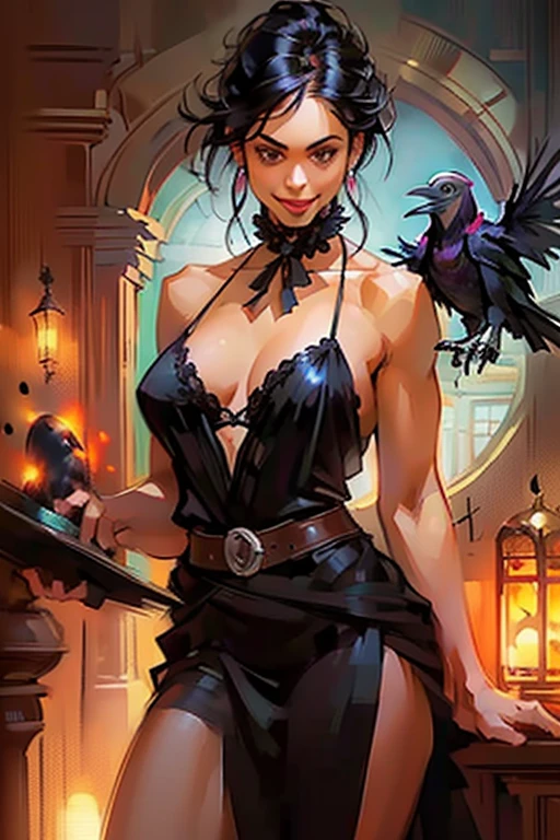 ((raven in background:1.4)), (pov, serving the viewer a cup of coffee, smile:1.2),Good morning. y 21 yo woman,(Mexican)descent, dark hair, brown eyes, beautiful athletic figure, natural perky breerfect ass, tan, pely toned legs, silk robe, sheer lace black lingerie. Masterpiece, (highly detailed:1.2),(detailed face and eyes:1.2), 8k wallpaper, Moody lighting. core shadows, high contrast, bokeh.