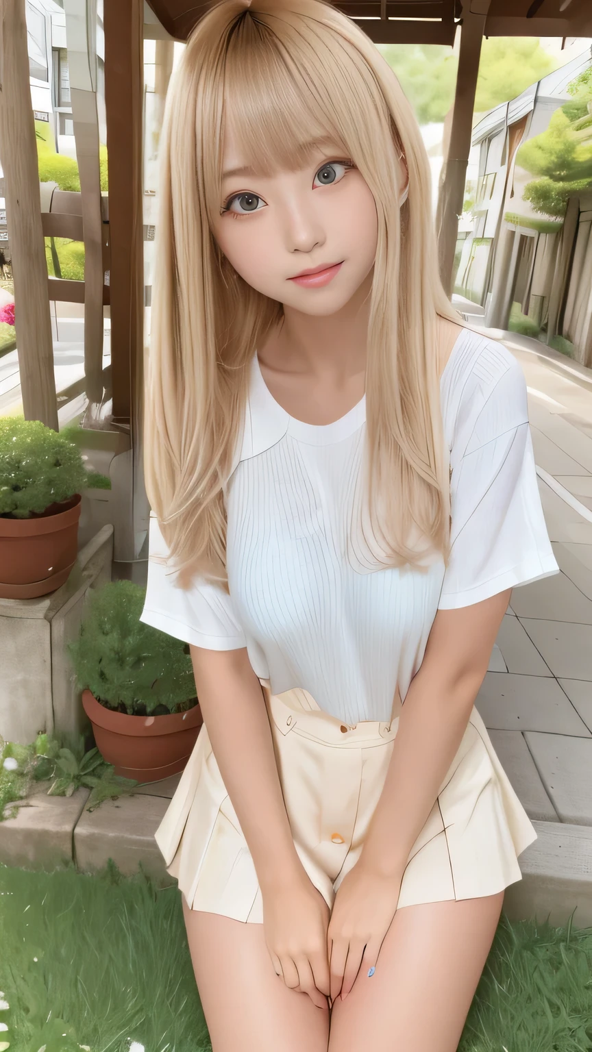 1 Girl、blue sky、明るくてとてもbeautiful顔、young, Shiny white skin、Best Looks、Blonde hair that reflects the light brilliantly、光沢のあるbeautifulブロンドの髪を持つ、Very straight hair、Long bangs、非常にbeautiful17歳、beautiful、Adorable、beautiful女の子、Shorts、various t-shirts、Beautiful ass