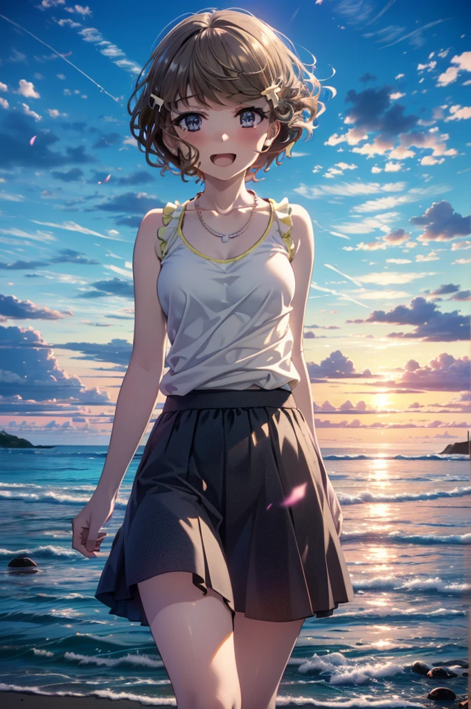 tomoekoga, Chie Koga, Long Hair, Brown Hair, blue eyes, Hair Clip,happy smile, smile, Open your mouth,Yellow tank top shirt,No sleeve,Shell Necklace,Long skirt,barefoot,Walking,True Summer,Daytime,Hair is fluttering in the wind,Sandy Beachで散歩している,
break outdoors, Sandy Beach,Beach,
break looking at viewer, (Cowboy Shot:1.5),
break (masterpiece:1.2), Highest quality, High resolution, unity 8k wallpaper, (figure:0.8), (Beautiful attention to detail:1.6), Highly detailed face, Perfect lighting, Highly detailed CG, (Perfect hands, Perfect Anatomy),