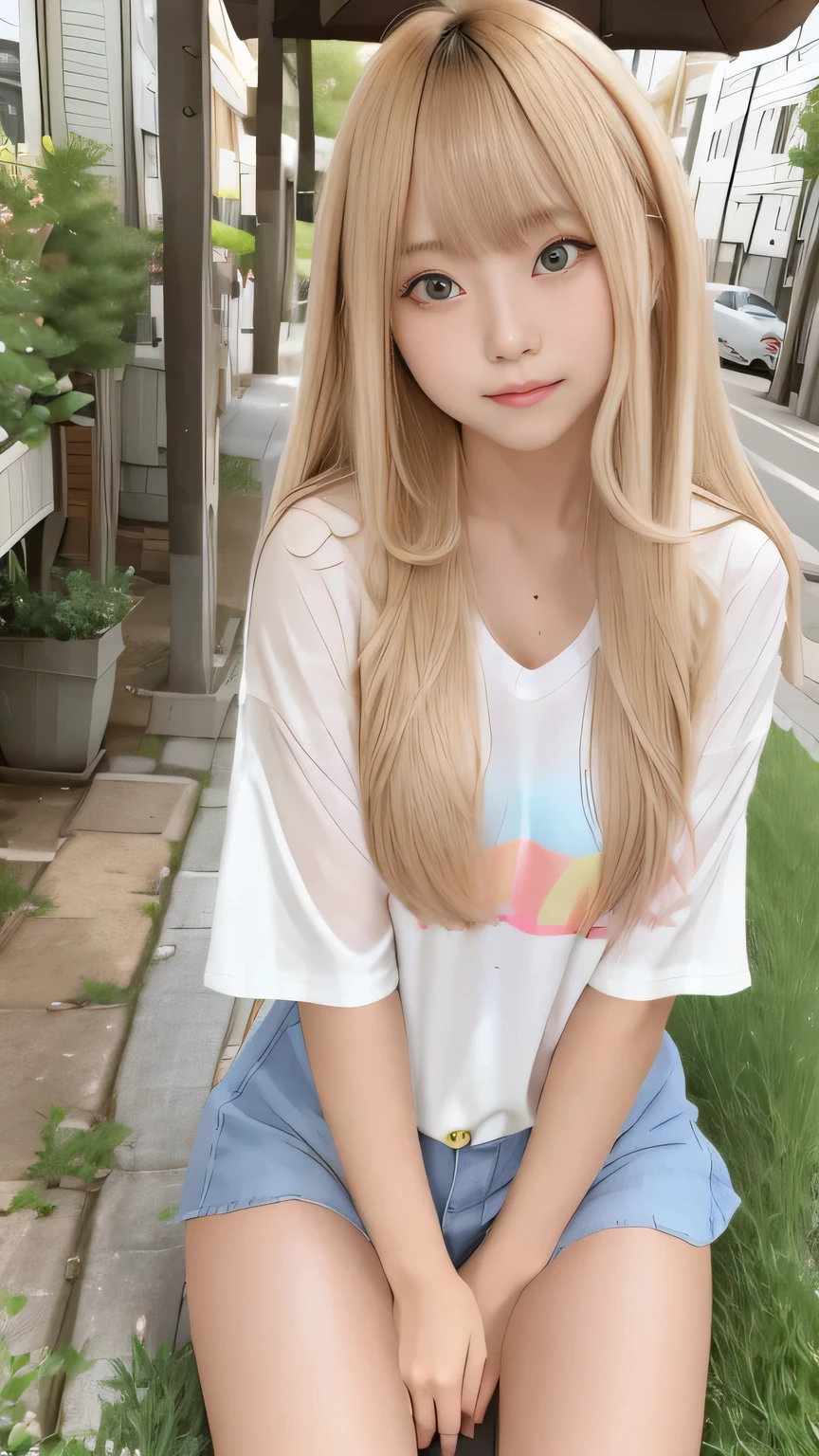 Sunburn marks on tanned skin、blush、smile、Multicolored hair color、Bangs on the face、Bangs between the eyes、Super long hair、Attractive light and dark platinum blonde super long straight silky liner hair、Beautiful bright transparent light blue big eyes that are charming and shining、A cute -yeld giwith a cute look, A strong wind blows my hair in front of my face、Beautiful big sparkling eyes, Cute eyes hidden by long bangs、Yawn、No visible nasolabial folds、A short, light-colored miniskirt、A cute and colorful summer shirt、Korean Beauty、Dark blush on the cheeks