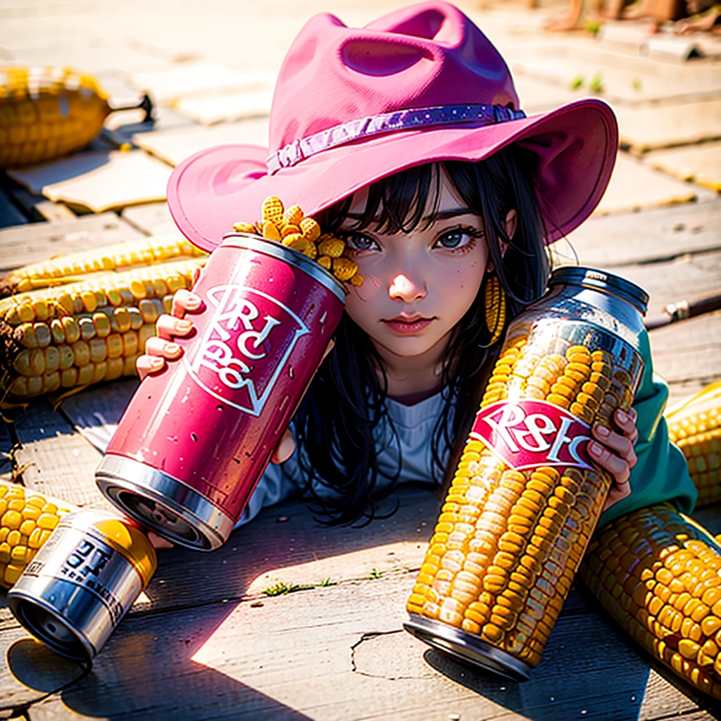 An ear of corn with a face, wearing a pink cowboy hat and holding a can of Dr Pepper 