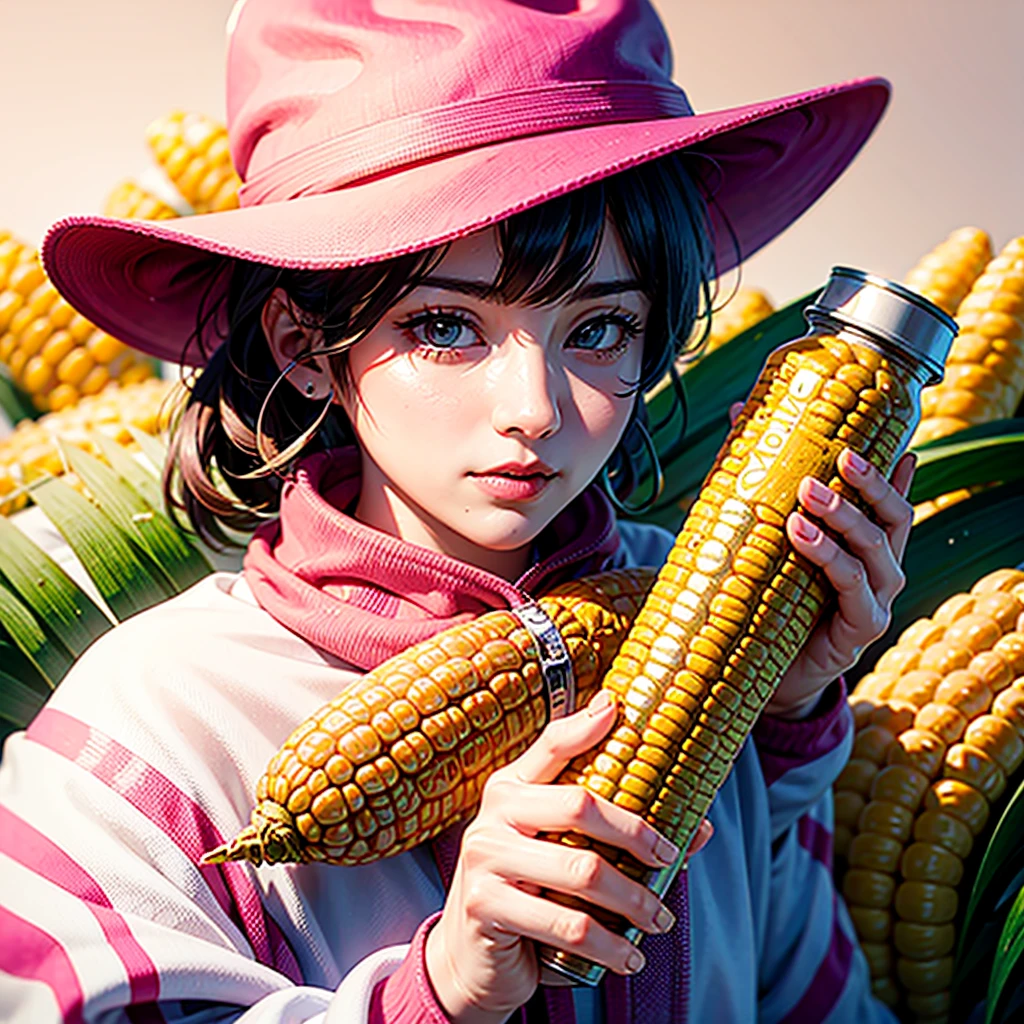 An ear of corn with a face, wearing a pink cowboy hat and holding a can of Dr Pepper