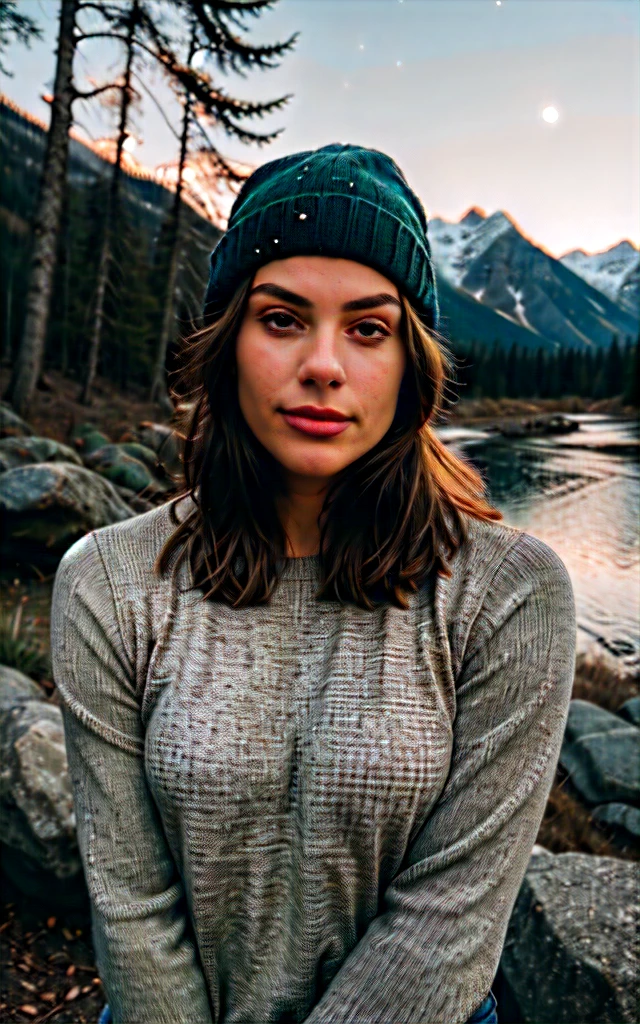 1 woman ((upper body selfie, happy)), masterpiece, best quality, ultra-detailed, solo, outdoors, (night), mountains, nature, (stars, moon) cheerful, happy, backpack, sleeping bag, camping stove, water bottle, mountain boots, gloves, sweater, hat, flashlight, forest, rocks, river, wood, smoke, shadows, contrast, clear sky, analog style (look at viewer:1.2) (skin texture) (film grain:1.3), (warm hue, warm tone:1.2), close up, cinematic light, sidelighting, ultra high res, best shadow, RAW, upper body, wearing pullover