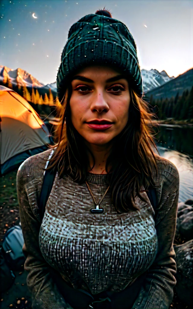 1 woman ((upper body selfie, happy)), masterpiece, best quality, ultra-detailed, solo, outdoors, (night), mountains, nature, (stars, moon) cheerful, happy, backpack, sleeping bag, camping stove, water bottle, mountain boots, gloves, sweater, hat, flashlight, forest, rocks, river, wood, smoke, shadows, contrast, clear sky, analog style (look at viewer:1.2) (skin texture) (film grain:1.3), (warm hue, warm tone:1.2), close up, cinematic light, sidelighting, ultra high res, best shadow, RAW, upper body, wearing pullover