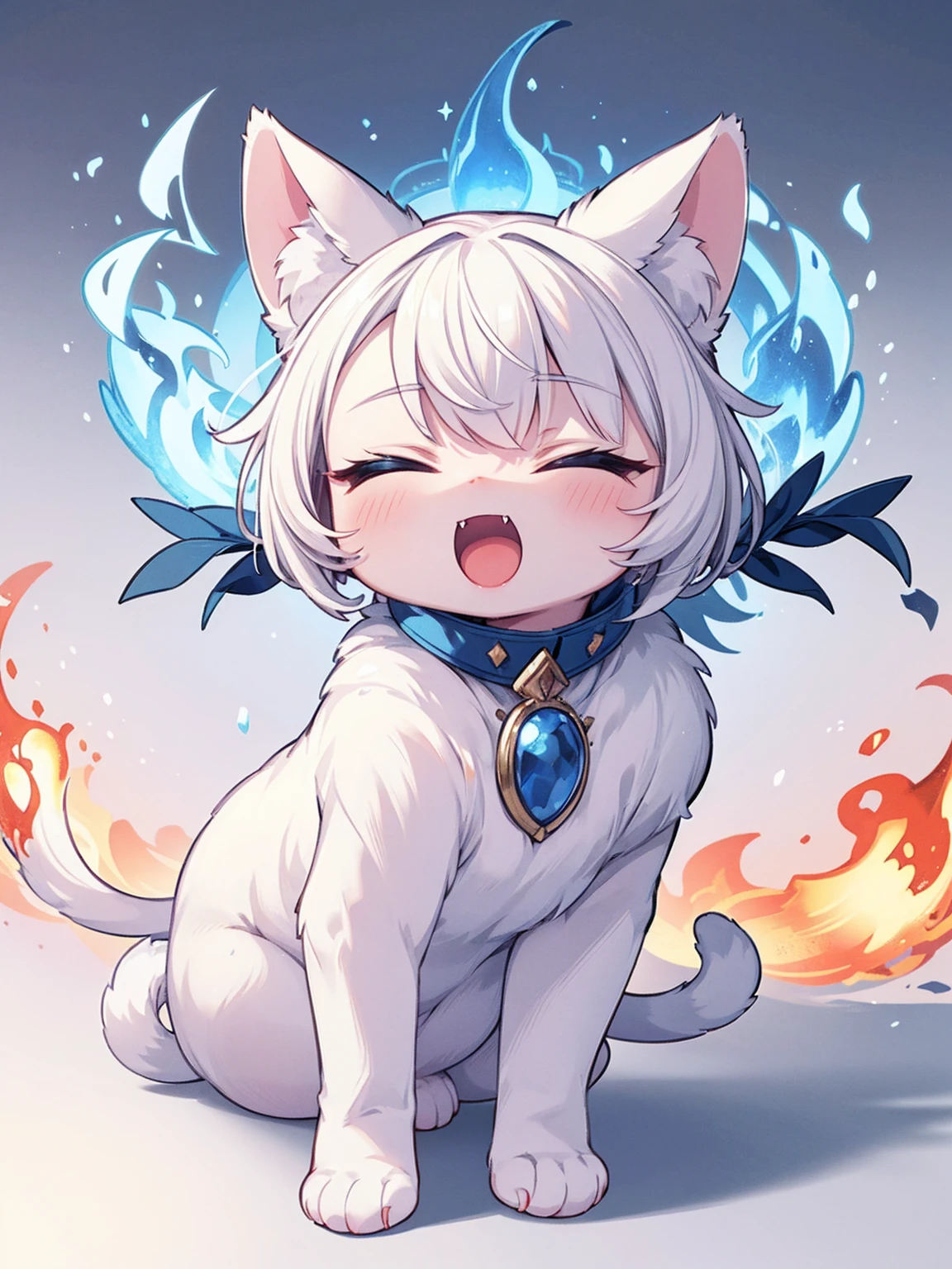 masterpiece, top quality, super detailed, CG illustration, high resolution, better lighting, best shadows, very delicate and beautiful, proper shading, hd, 8k,solo, open mouth, simple background, white background, full body, closed eyes, no humans, animal, fangs, cat, fire, facing viewer, animal focus, blue fire