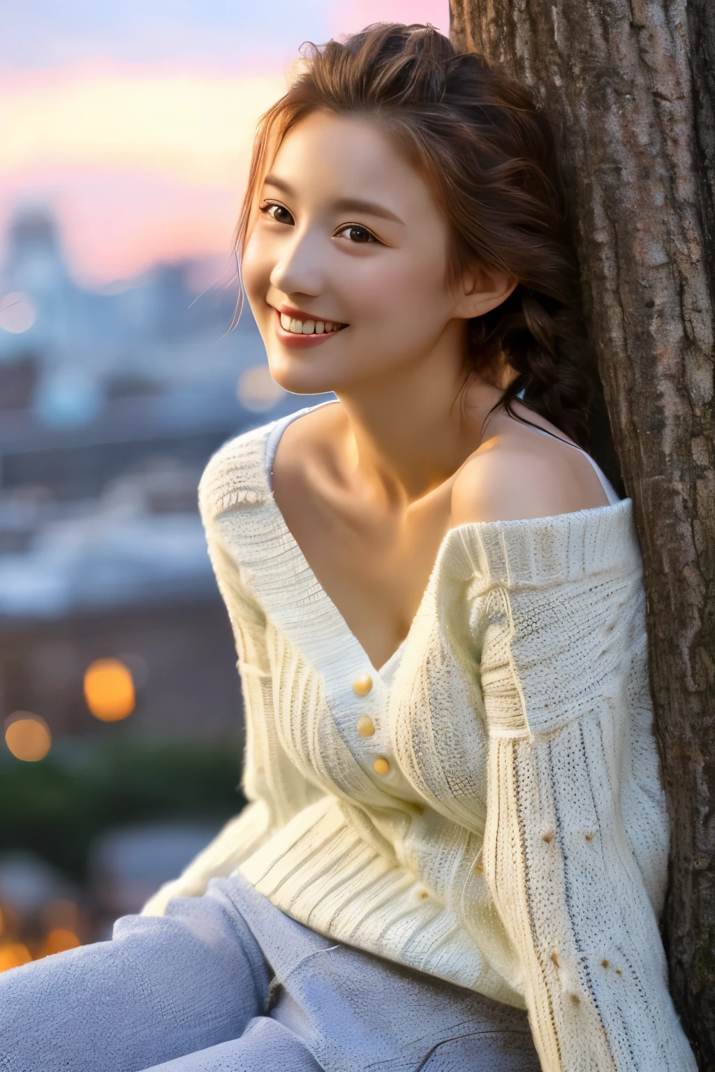 ((masterpiece: 1.4, highest quality))+,((highest quality)), ((masterpiece)), (detailed), whole body、wallpaper、Russian Beauty、30 years old、reality、Attention to detail、Perfectly balanced body、Tight waist、Smiling Kindly、Light brown haine white skin、(masterpiece:1.3), Best image quality: 1.4, (Rough hairstyles:1.2)、:1.4、Loose, lightweight knitwear、Shoulder、Beautiful rooftop night view