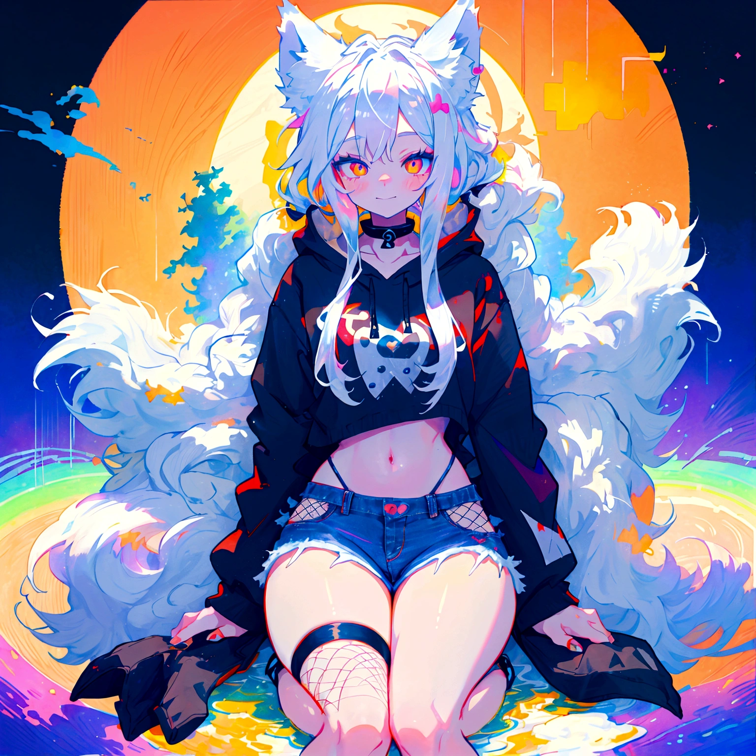 a cute adult male with wolf ears, long white hair, long locks, has a wolf tail, wearing a loose cropped black hoodie, wearing a pair of denim short shorts and fishnet stockings, thick thighs, wide hips, relaxing on mound of fluffy multi colored kawaii plushies, short, very slim, showing slender tummy, heart on hoodie, squishy thighs, has glowing blue eyes. alone, solo (ALONE)(SOLO), surrounded by rainbows, colorful galaxy backround, smiling