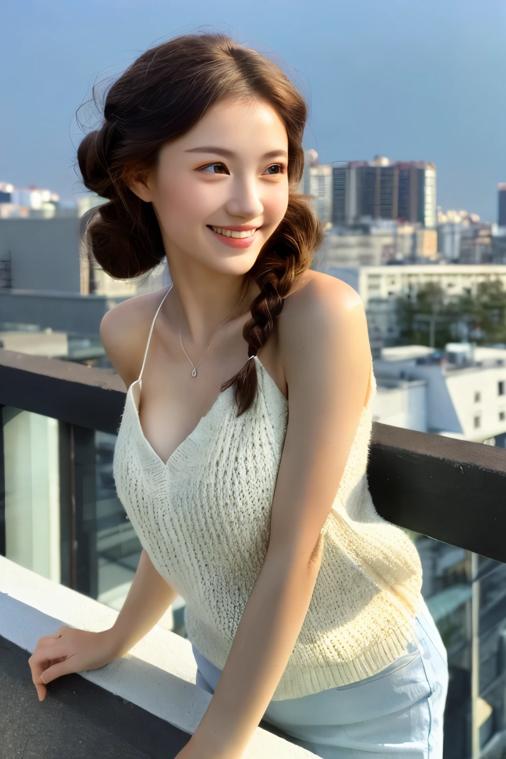 ((masterpiece: 1.4, highest quality))+,((highest quality)), ((masterpiece)), (detailed), whole body、wallpaper、Russian Beauty、30 years old、reality、Attention to detail、Perfectly balanced body、Tight waist、Smiling Kindly、Light brown haine white skin、(masterpiece:1.3), Best image quality: 1.4, (Rough hairstyles:1.2)、Cleavage:1.4、Loose, lightweight knitwear、Shoulder、Beautiful rooftop night view
