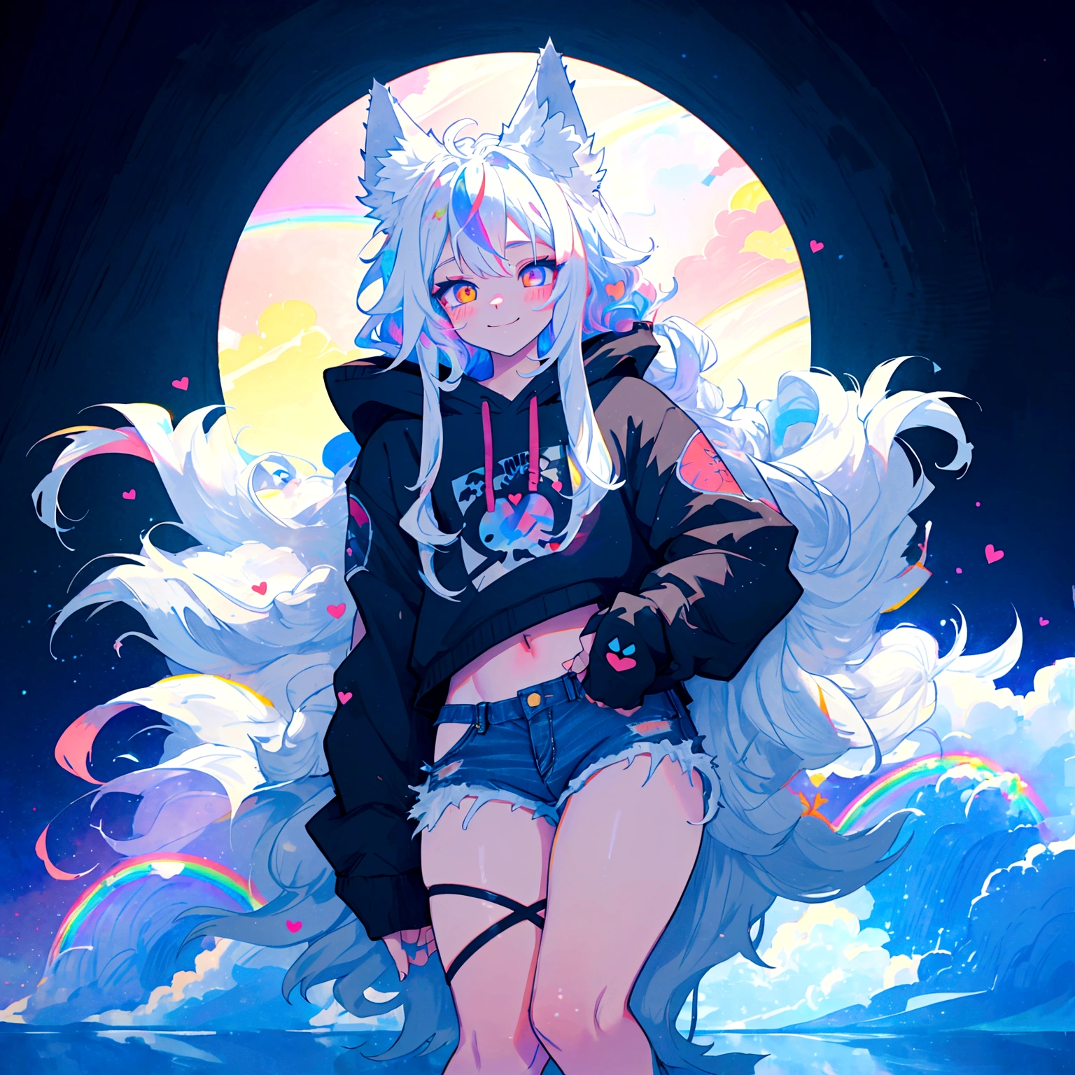 a cute adult male with wolf ears, long white hair, long locks, has a wolf tail, wearing a loose cropped black hoodie, wearing a pair of denim short shorts and fishnet stockings, thick thighs, wide hips, relaxing on mound of fluffy multi colored kawaii plushies, short, very slim, showing slender tummy, heart on hoodie, squishy thighs, has glowing blue eyes. alone, solo (ALONE)(SOLO), surrounded by rainbows, colorful galaxy backround, smiling