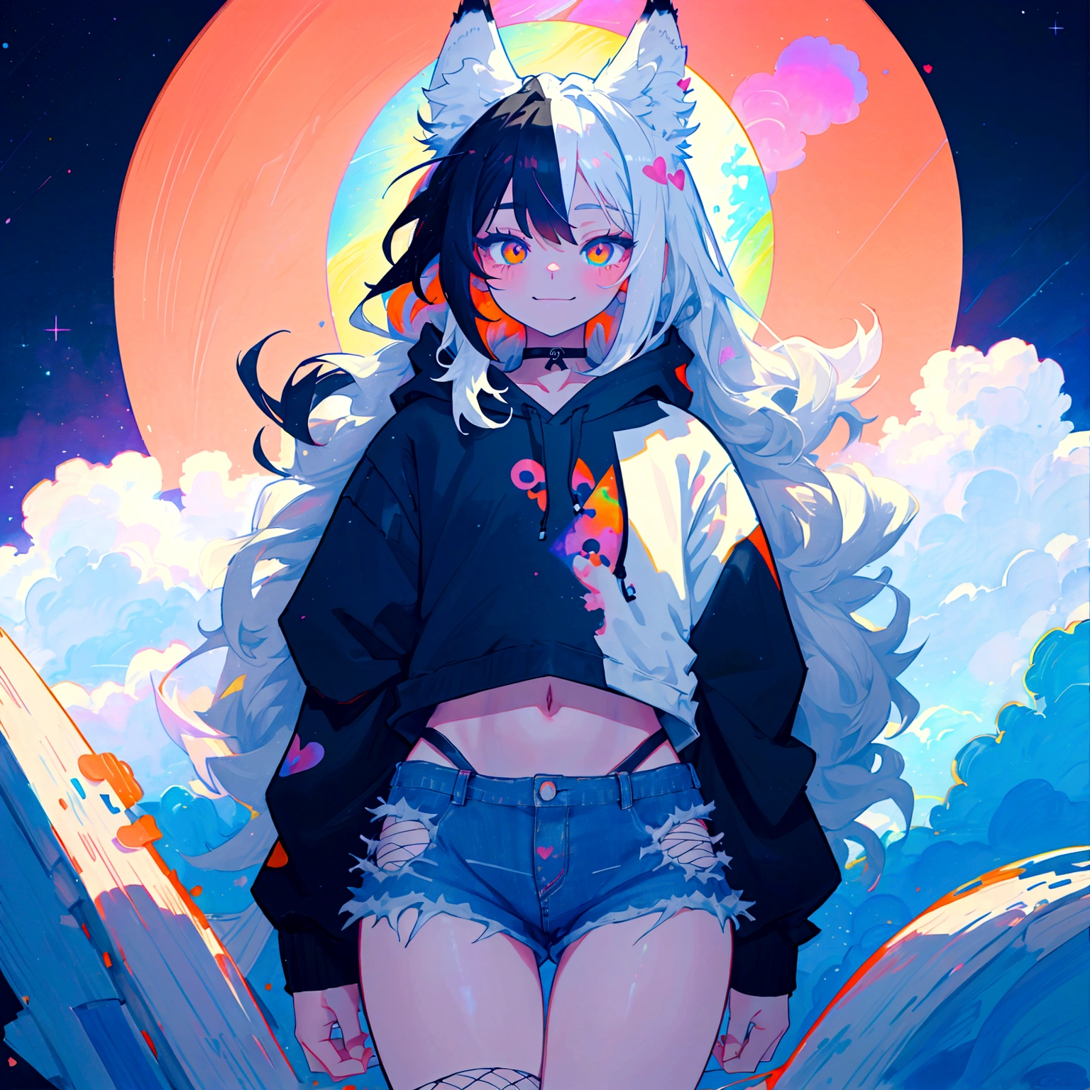a cute adult male with wolf ears, long white hair, long locks, has a wolf tail, wearing a loose cropped black hoodie, wearing a pair of denim short shorts and fishnet stockings, thick thighs, wide hips, relaxing on mound of fluffy multi colored kawaii plushies, short, very slim, showing slender tummy, heart on hoodie, squishy thighs, has glowing blue eyes. alone, solo (ALONE)(SOLO), surrounded by rainbows, colorful galaxy backround, smiling