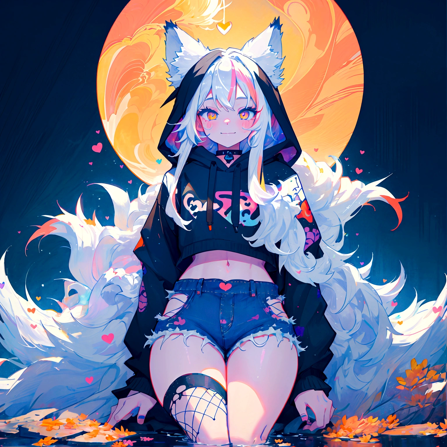 a cute adult male with wolf ears, long white hair, long locks, has a wolf tail, wearing a loose cropped black hoodie, wearing a pair of denim short shorts and fishnet stockings, thick thighs, wide hips, relaxing on mound of fluffy multi colored kawaii plushies, short, very slim, showing slender tummy, heart on hoodie, squishy thighs, has glowing blue eyes. alone, solo (ALONE)(SOLO), surrounded by rainbows, colorful galaxy backround, smiling