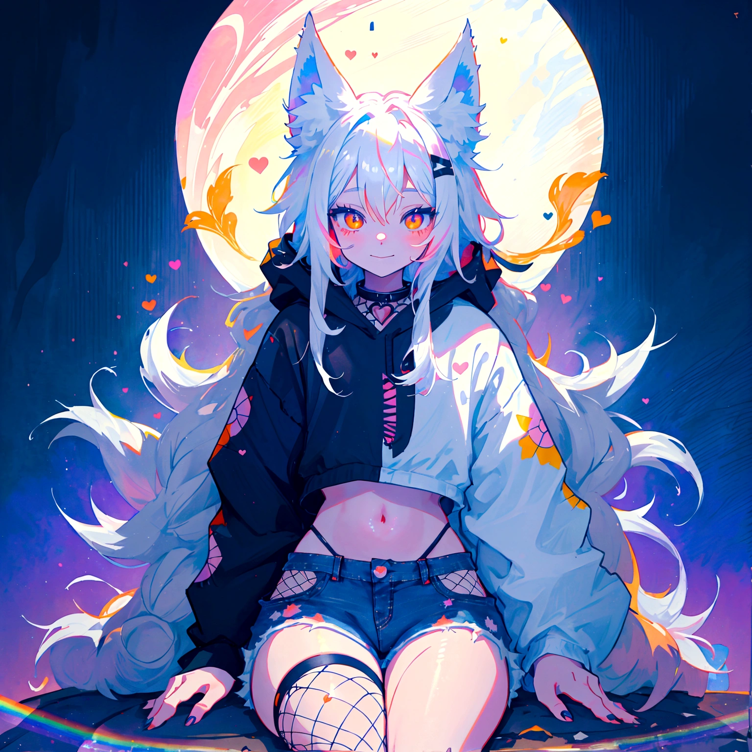 a cute adult male with wolf ears, long white hair, long locks, has a wolf tail, wearing a loose cropped black hoodie, wearing a pair of denim short shorts and fishnet stockings, thick thighs, wide hips, relaxing on mound of fluffy multi colored kawaii plushies, short, very slim, showing slender tummy, heart on hoodie, squishy thighs, has glowing blue eyes. alone, solo (ALONE)(SOLO), surrounded by rainbows, colorful galaxy backround, smiling