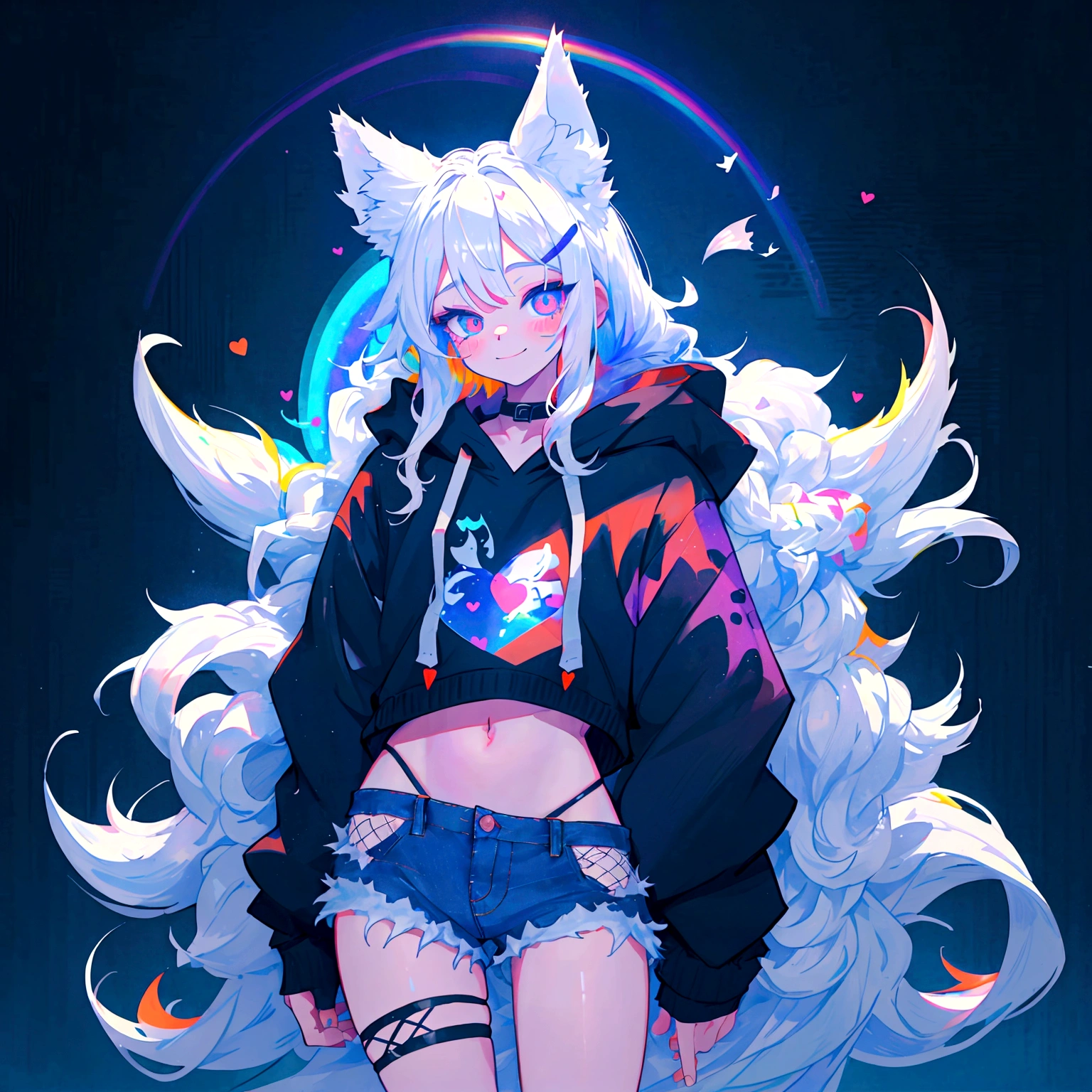 a cute adult male with wolf ears, long white hair, long locks, has a wolf tail, wearing a loose cropped black hoodie, wearing a pair of denim short shorts and fishnet stockings, thick thighs, wide hips, relaxing on mound of fluffy multi colored kawaii plushies, short, very slim, showing slender tummy, heart on hoodie, squishy thighs, has glowing blue eyes. alone, solo (ALONE)(SOLO), surrounded by rainbows, colorful galaxy backround, smiling