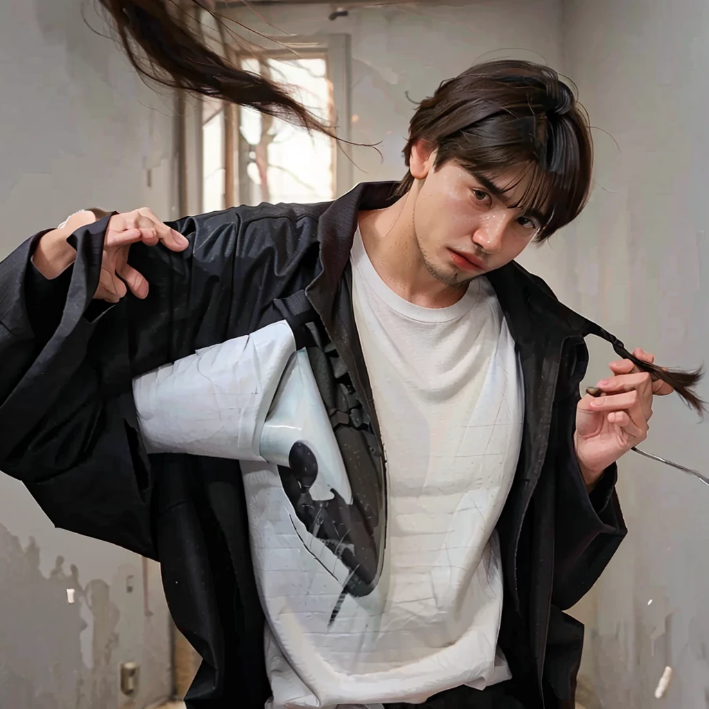 a extremely handsome and smart boy with good hairstyle and medium size beard wearing a cool black jacket and white t-shirt he is adjusting wearing clothes 